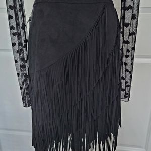 Black faux suede black fringe skirt size small